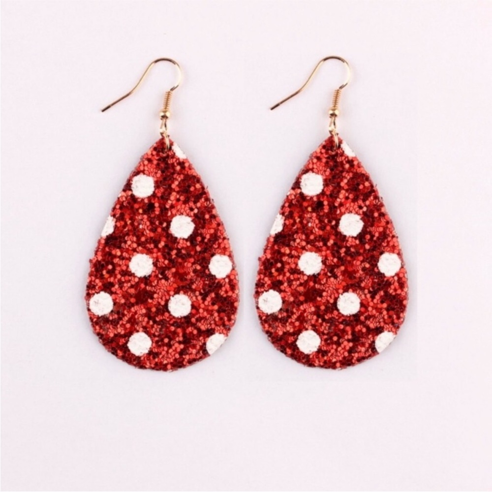 Atelier Sona Sparkly Reardrop Earrings in Red White Polka Dot